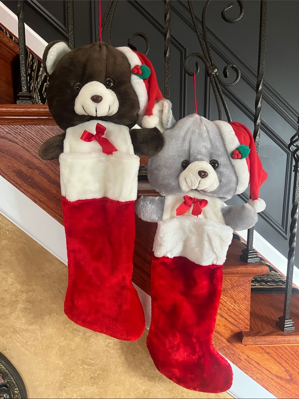 Plush Bear Christmas Stockings - Brown and Gray Bears with Red Hats